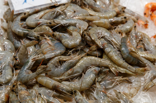 raw shrimps on la boqueria market in Barcelona, Catalonia, Spain.