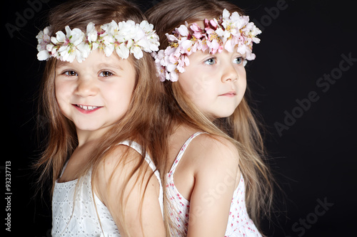 Beautiful sisters are posing in studio with bunch photo