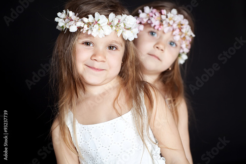 Beautiful sisters are posing in studio with bunch