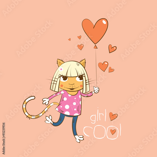 Vector postcard with cartoon cat girl and  balloon.
