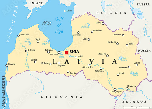 Latvia political map with capital Riga, national borders, important cities, rivers and lakes. English labeling and scaling. Illustration.