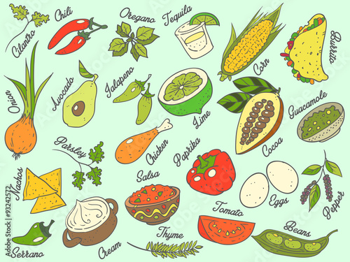 Mexican cuisine food ingredients set vector pattern isolated seamless illustration. Burrito, salsa, tequila.
