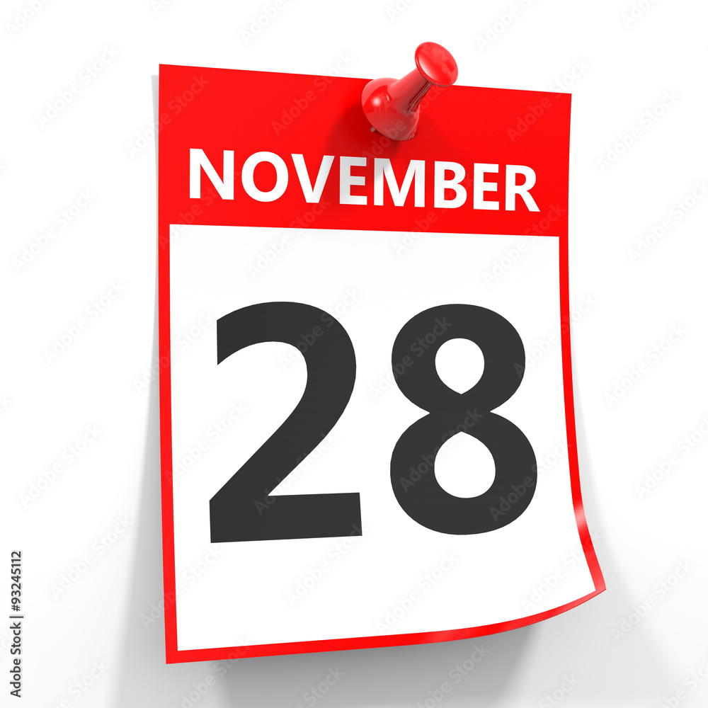 Fototapeta premium 28 november calendar sheet with red pin.