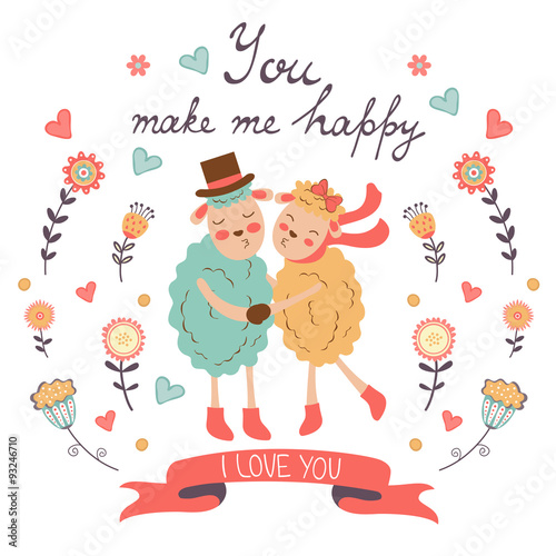 You make me happy romantic card with cute sheeps couple
