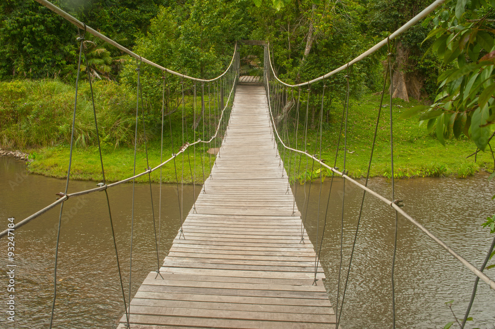 Hanging wooden bridge in the forest.