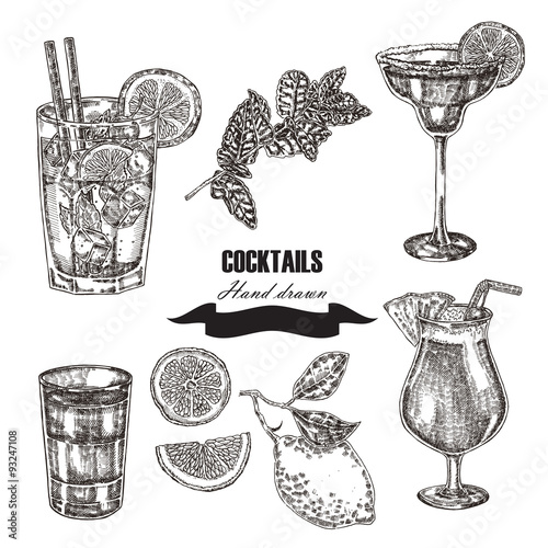 Hand drawn sketch cocktail set. Vector illustration