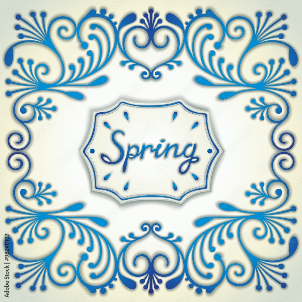 Spring retro design in the style Gzhel ceramics with pattern and label in the center. Vector eps 10