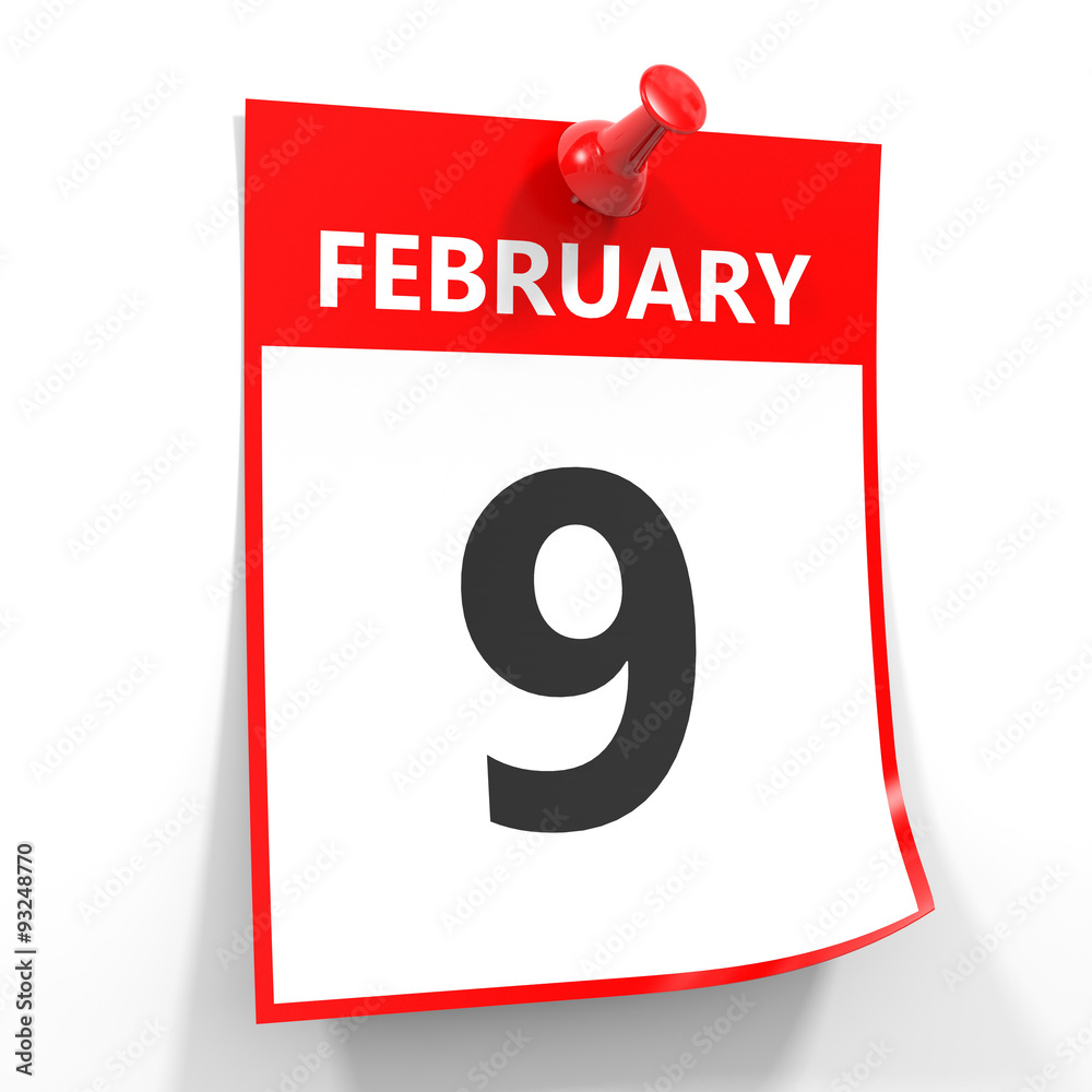 9 february calendar sheet with red pin.