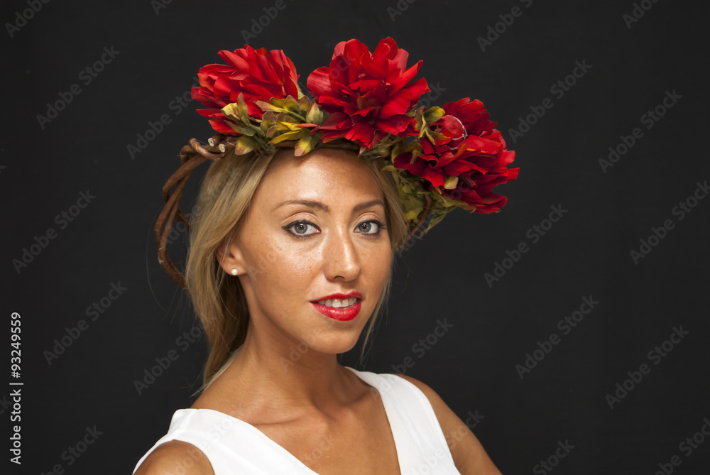 Beautiful Woman With a white robe and wreath of flowers Beautiful Woman With a white robe and wreath of flowers