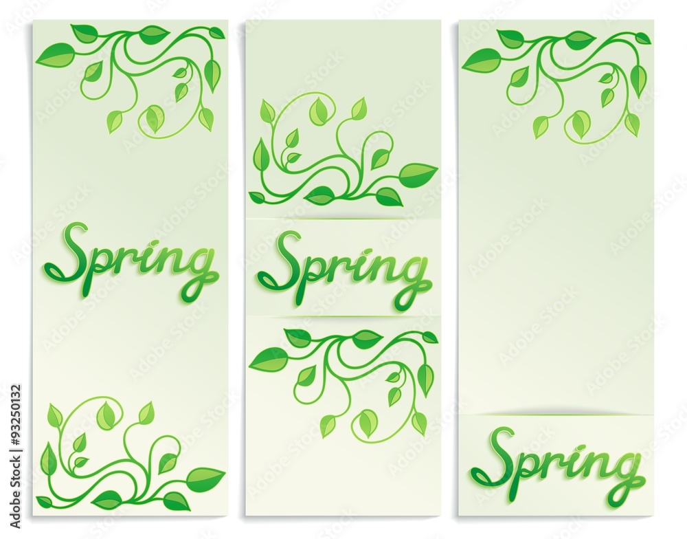 Three Spring green leaves banners with free place for text message. Vector illustration