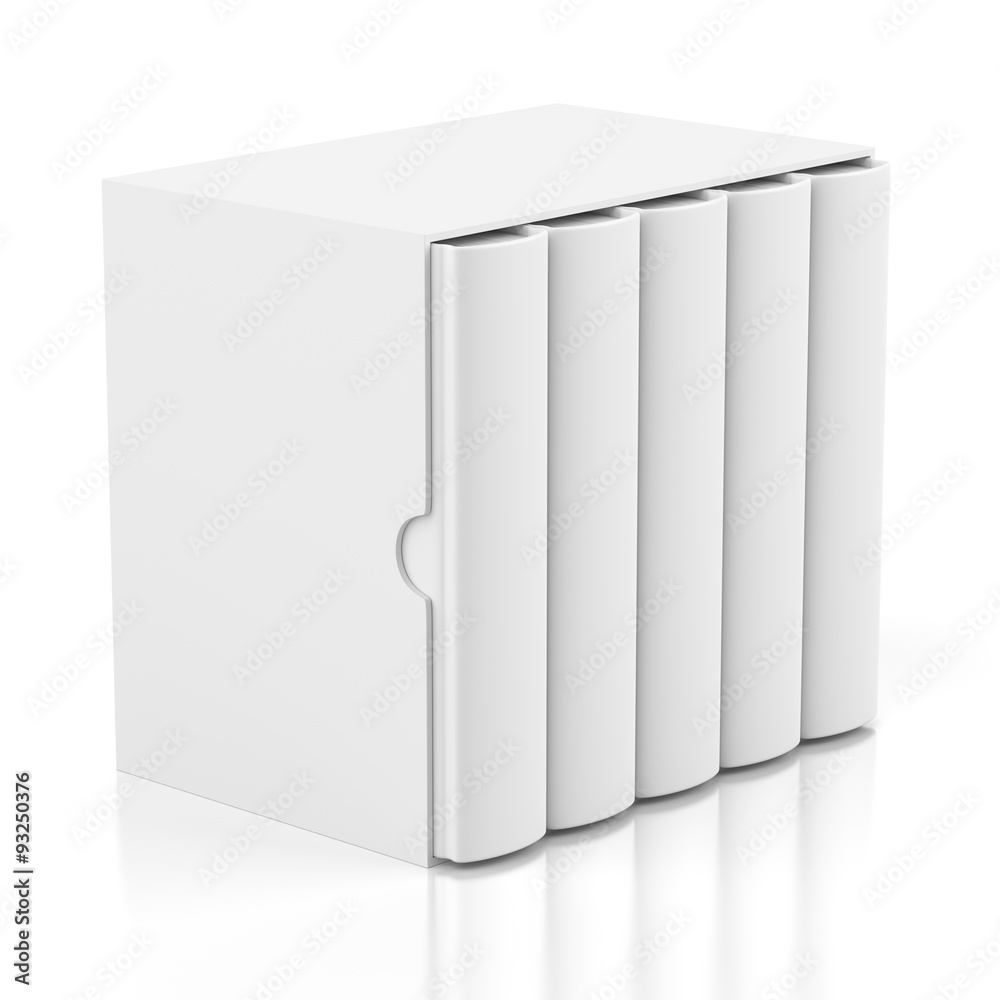 Five books in cardboard box cover on white Five books in cardboard box cover on white