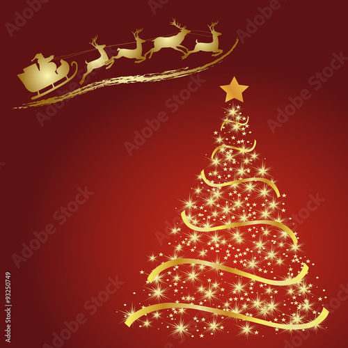 Santa with reindeer, Golden fir on a red background, Christmas