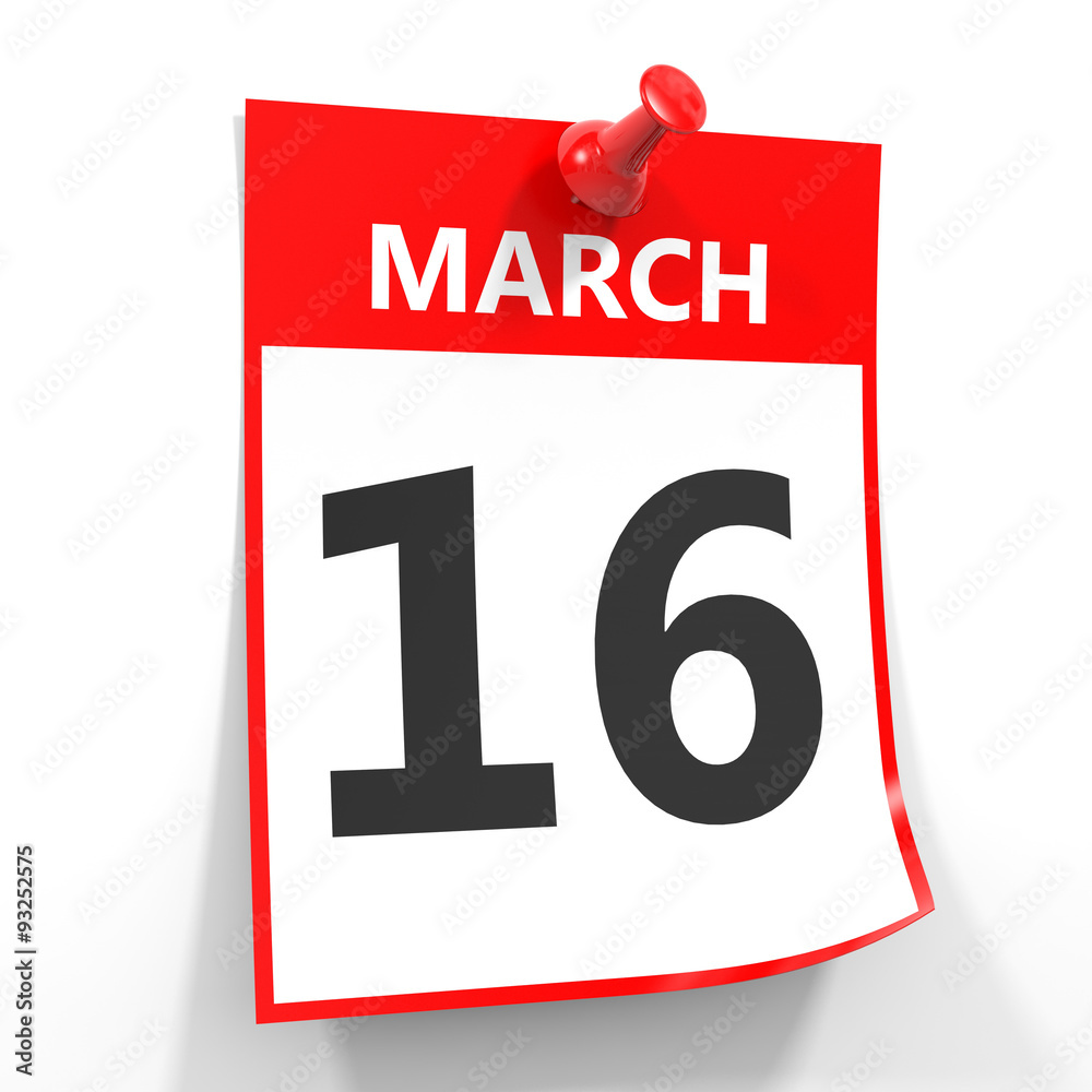 16 march calendar sheet with red pin. 16 march calendar sheet with red pin.