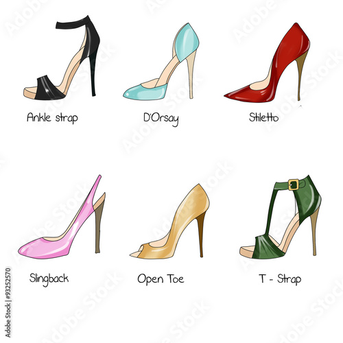 Fashion Illustration - Set of different types of heel shoes photo