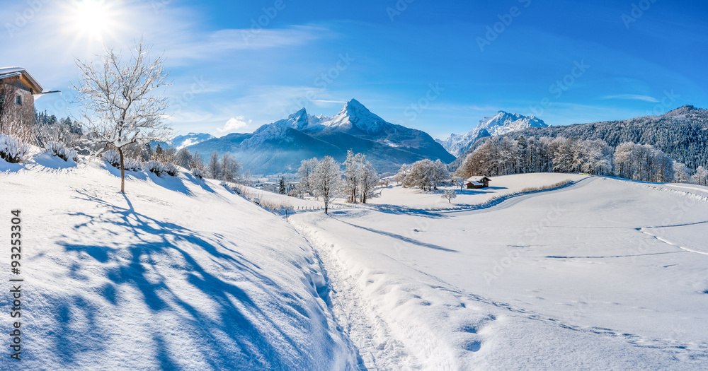 Winter wonderland with trail in the Alps Winter wonderland with trail in the Alps