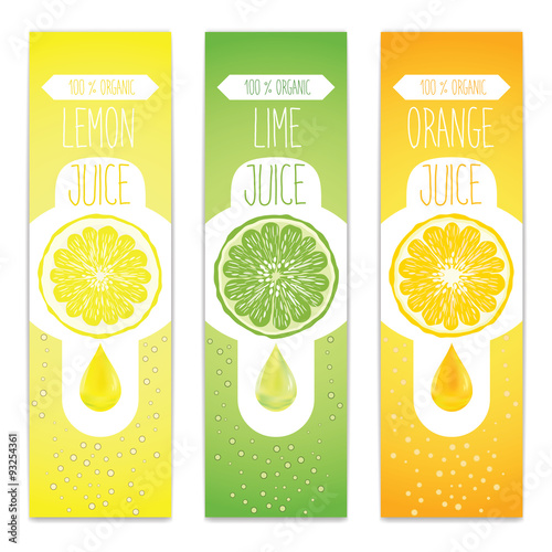 Lemon, lime and orange fresh juice label template for citrus fruit products. Three banners with fruit slices, juice drops and bubbles