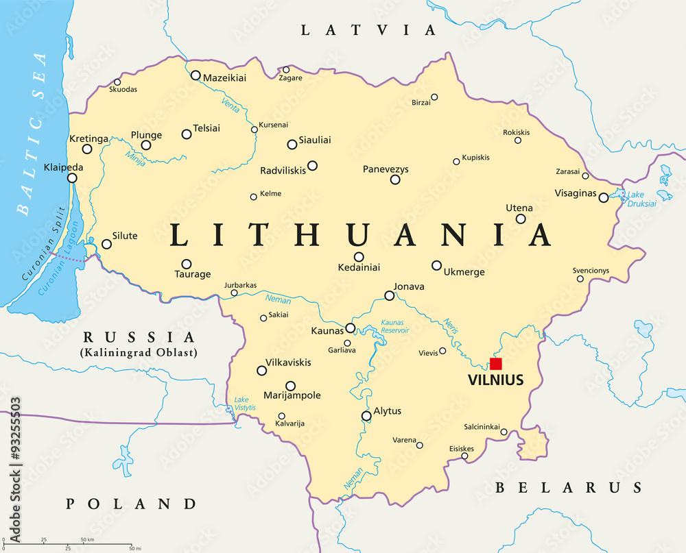 Lithuania political map with capital Vilnius, national borders, important cities, rivers and lakes. English labeling and scaling. Illustration.