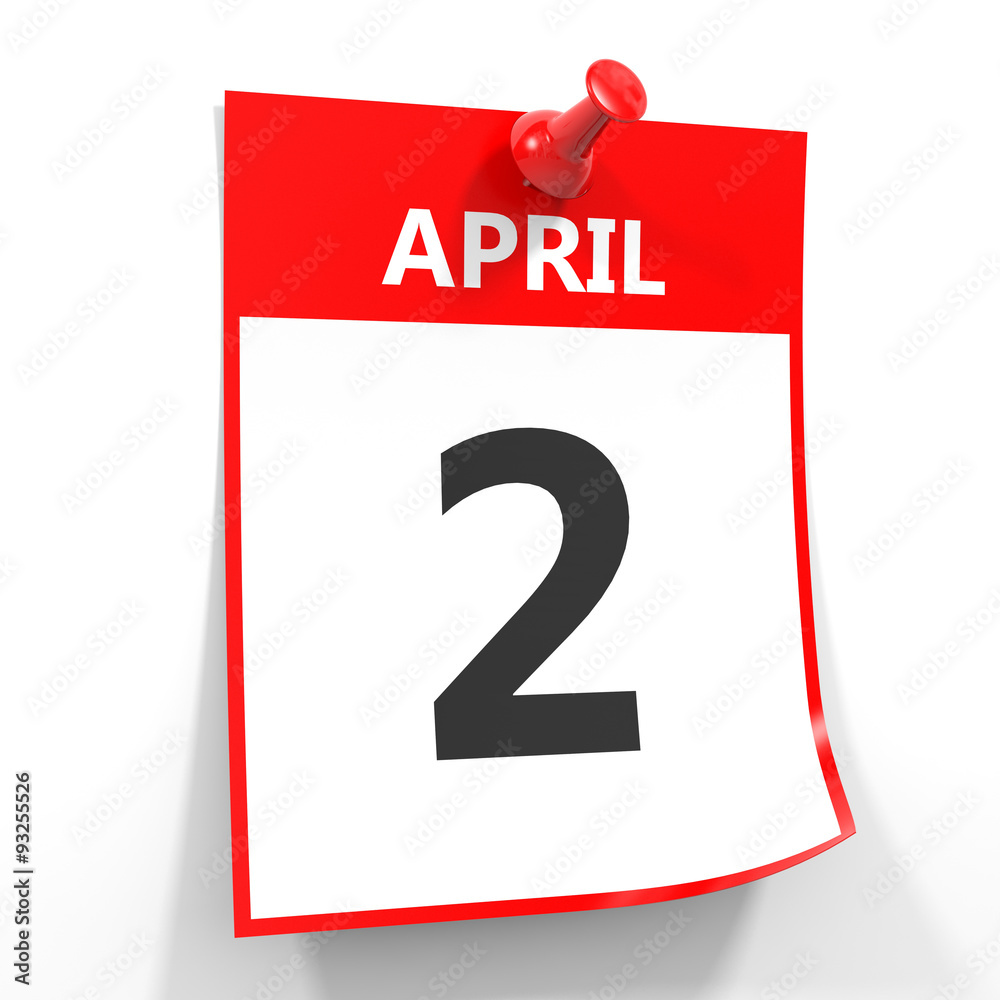 2 april calendar sheet with red pin. 2 april calendar sheet with red pin.