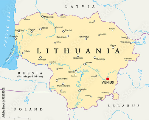 Fotografia, Obraz Lithuania political map with capital Vilnius, national borders, important cities, rivers and lakes
