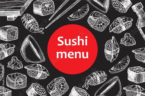Vector vintage chalkboard sushi restaurant menu illustration.