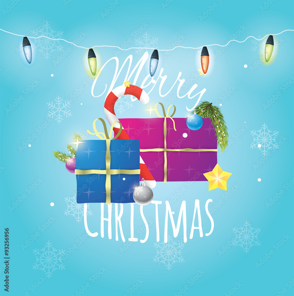 Beautiful composition of christmas items on blue snowy background with christmas lights.