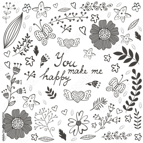 You make me happy romantic card with flowers tweegs and leaves