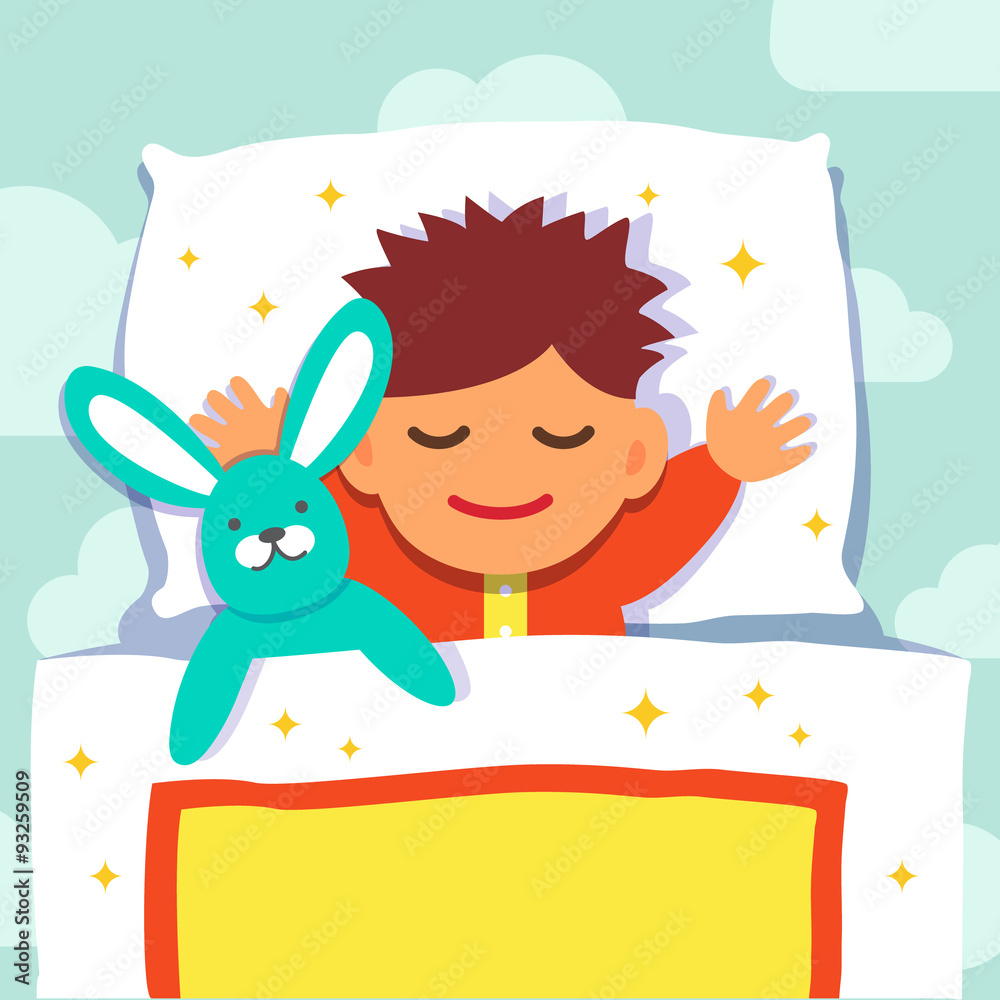 Naklejka premium Baby boy sleeping with his rabbit toy