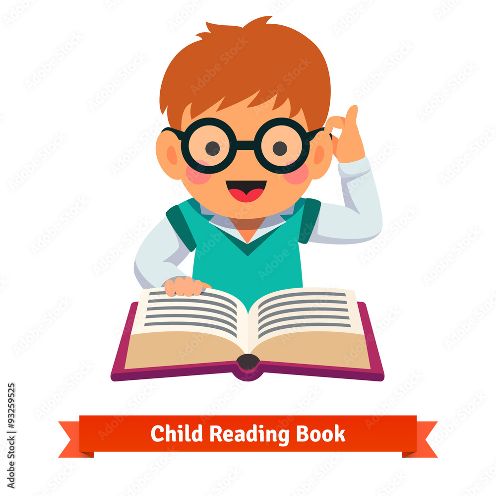 Small boy playing in glasses reading book