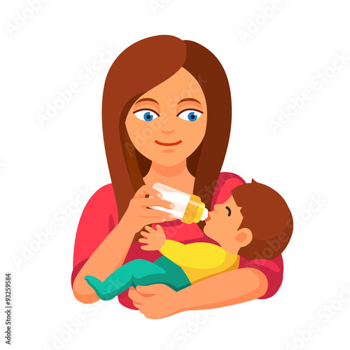 Mother holding and feeding baby with milk bottle
