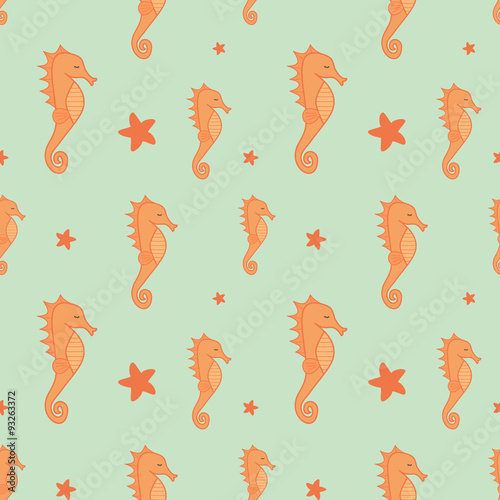 orange seahorse and starfish seamless vector pattern background illustration