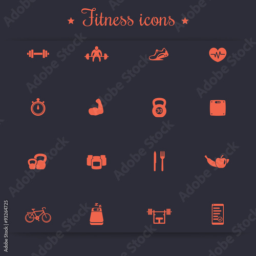 16 fitness, gym, sport, workout, healthy living orange icons, vector illustration