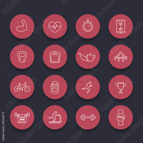 16 fitness, gym, training line round red icons, vector illustration