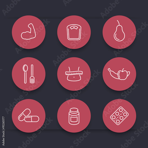 Diet, nutrition line round red icons, vector illustration