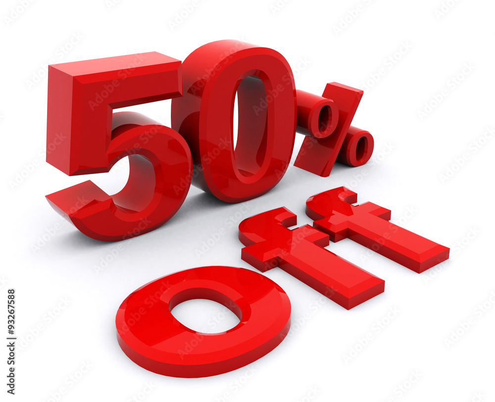 3D rendering of a 50 percent in red letters on a white background