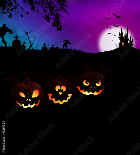 Happy Halloween Scary Night Party Concept with glowing Jack O Lantern pumpkins atcemetery and monsters, horror haunted castle and full moon on background.