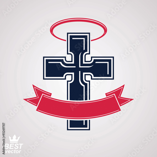 Religious cross emblem with nimbus and decorative ribbon, spirit
