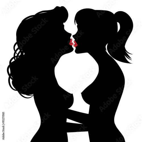 Lesbians kiss. Iridescent silhouettes of two women kissing each