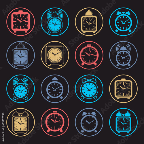 Simple alarm clocks with clock bell, vector wake up icons set