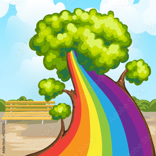 Illustration of a closeup tree with rainbow