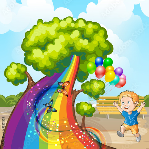 Illustration of a closeup tree with rainbow