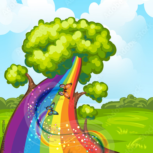 Illustration of a closeup tree with rainbow