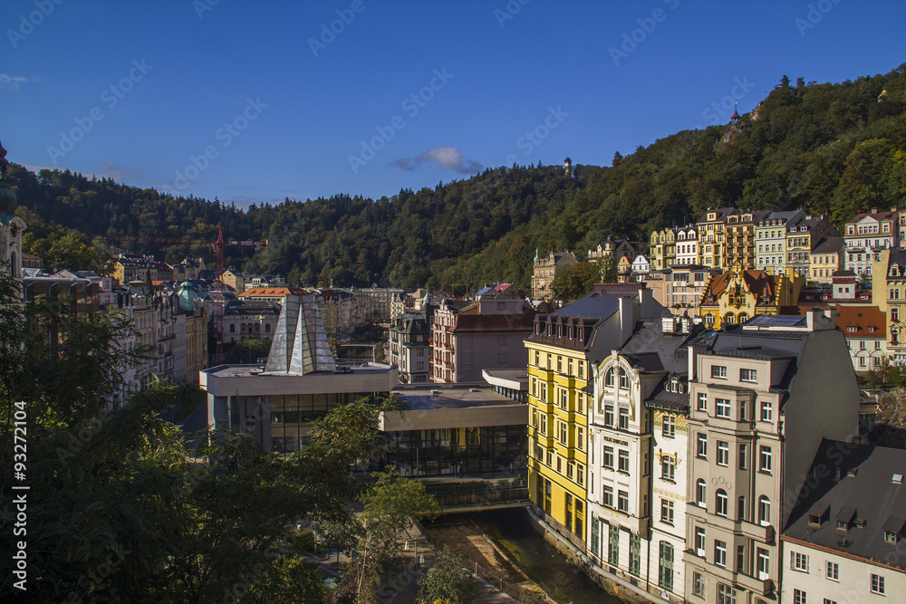 Obraz premium Panoramic View in Karlovy Vary aka Carlsbad,Czech famous SPA place with hot mineral springs.