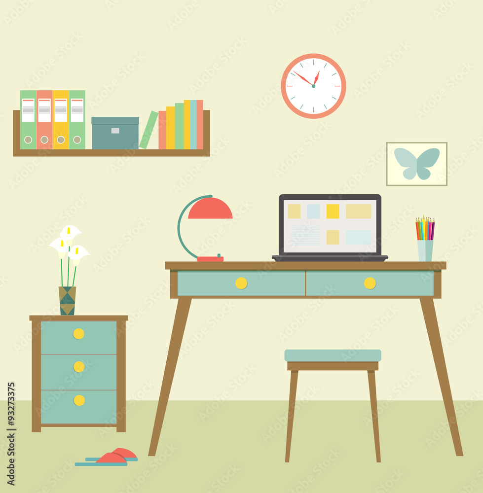 Workplace with modern computer in retro interior. Flat vector illustration. Workplace with modern computer in retro interior. Flat vector illustration.