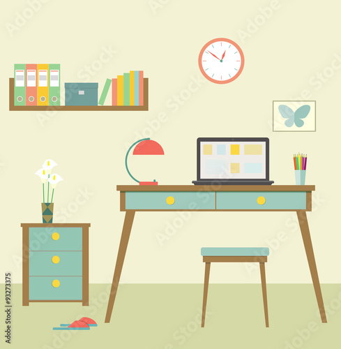 Workplace with modern computer in retro interior. Flat vector illustration.