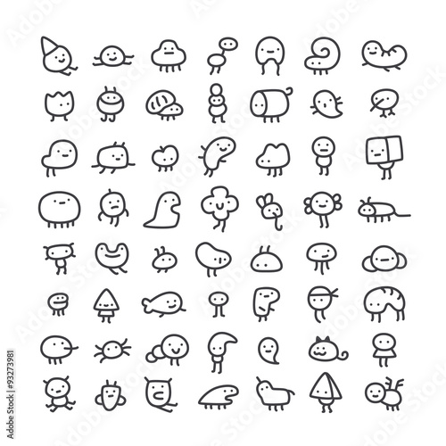 set of simple line art monster characters