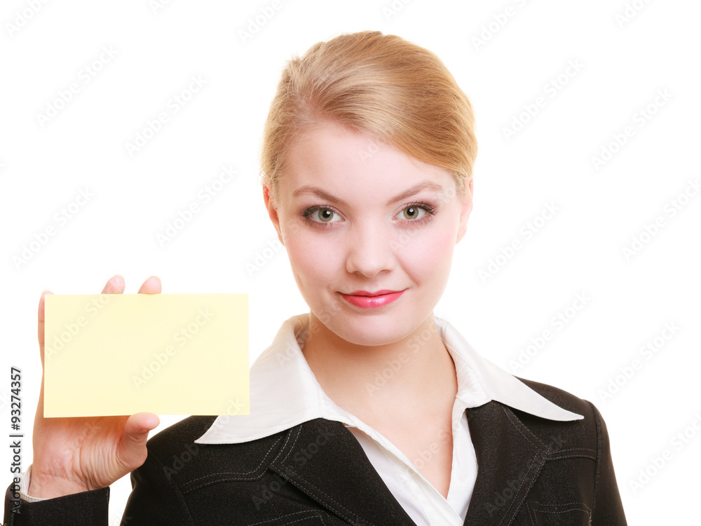 Ad. Businesswoman holding blank copy space card Ad. Businesswoman holding blank copy space card