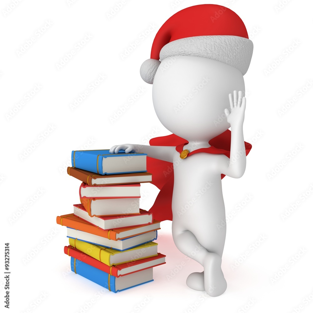 3d santa claus stand near pile of books 3d santa claus stand near pile of books