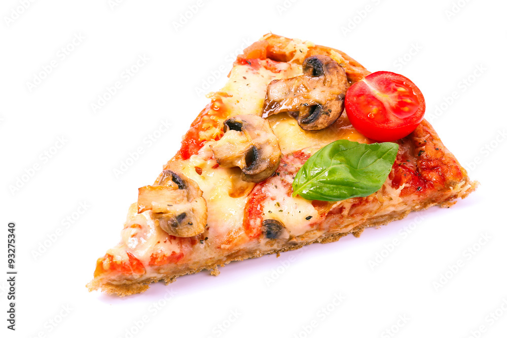 Slice of tasty pizza with vegetables and basil isolated on white Slice of tasty pizza with vegetables and basil isolated on white