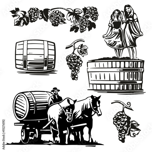 Women dancing in a barrel with grapes and charioteer on the cart with a horse driven wine. Black and white vintage vector illustration for label, poster, web.