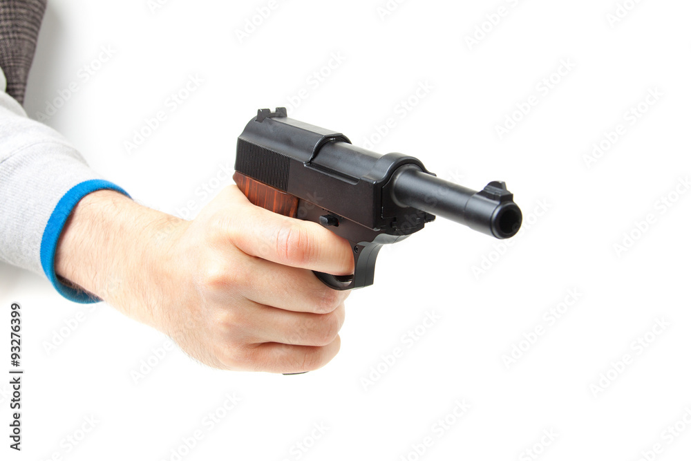 Man's hand holding gun, isolated on white. Man's hand holding gun, isolated on white.